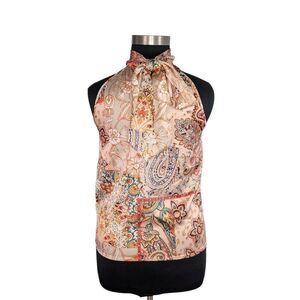 Rachel Zoe L Orange Paisley Tie Neck Top Sleeveless Satin 70s Retro Career Boho